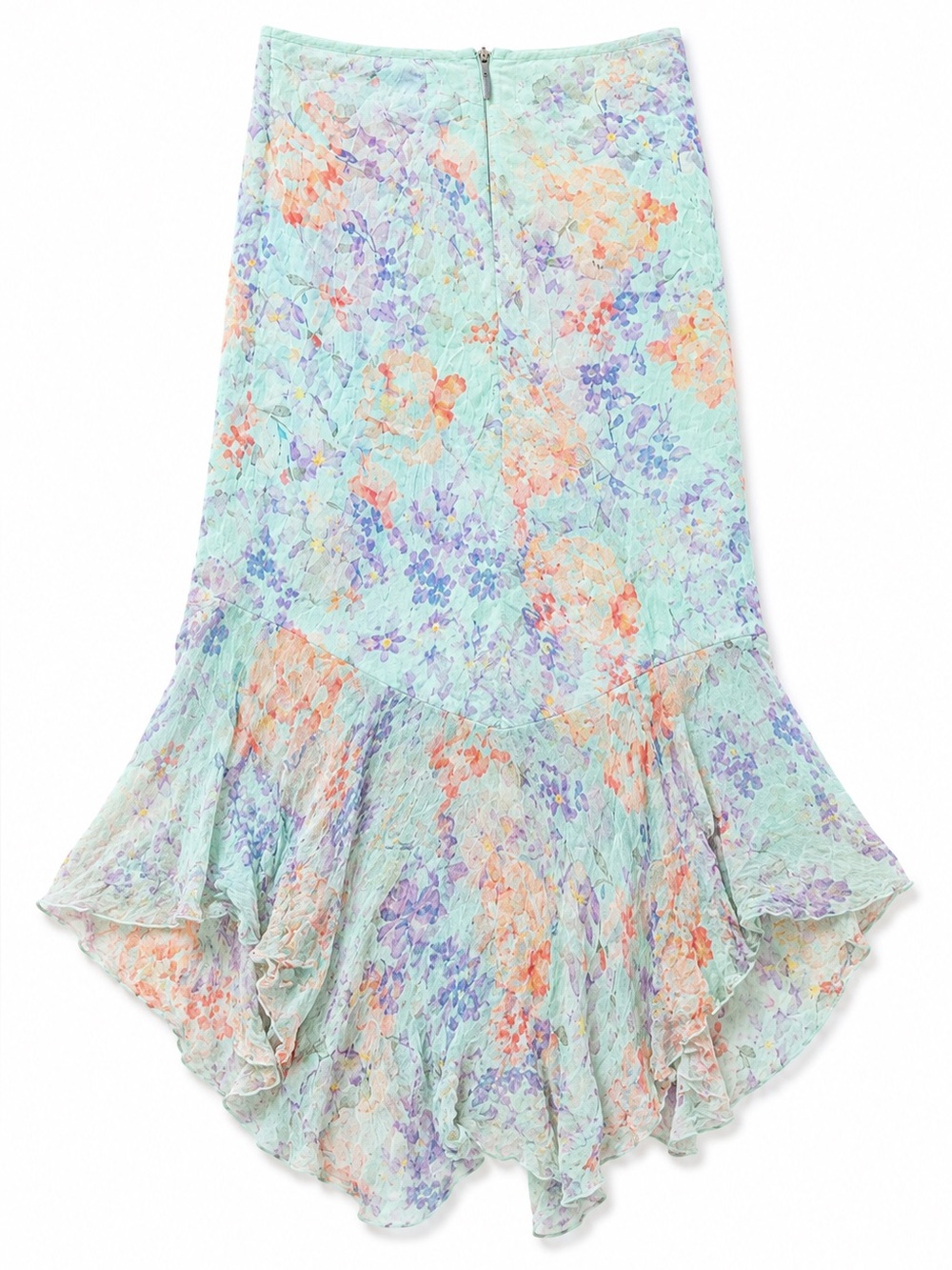 Alice + Olivia Floral Ruffle Asymmetrical Midi Skirt Size 8 Mint Green Silk-Look - Picture 4 of 13
